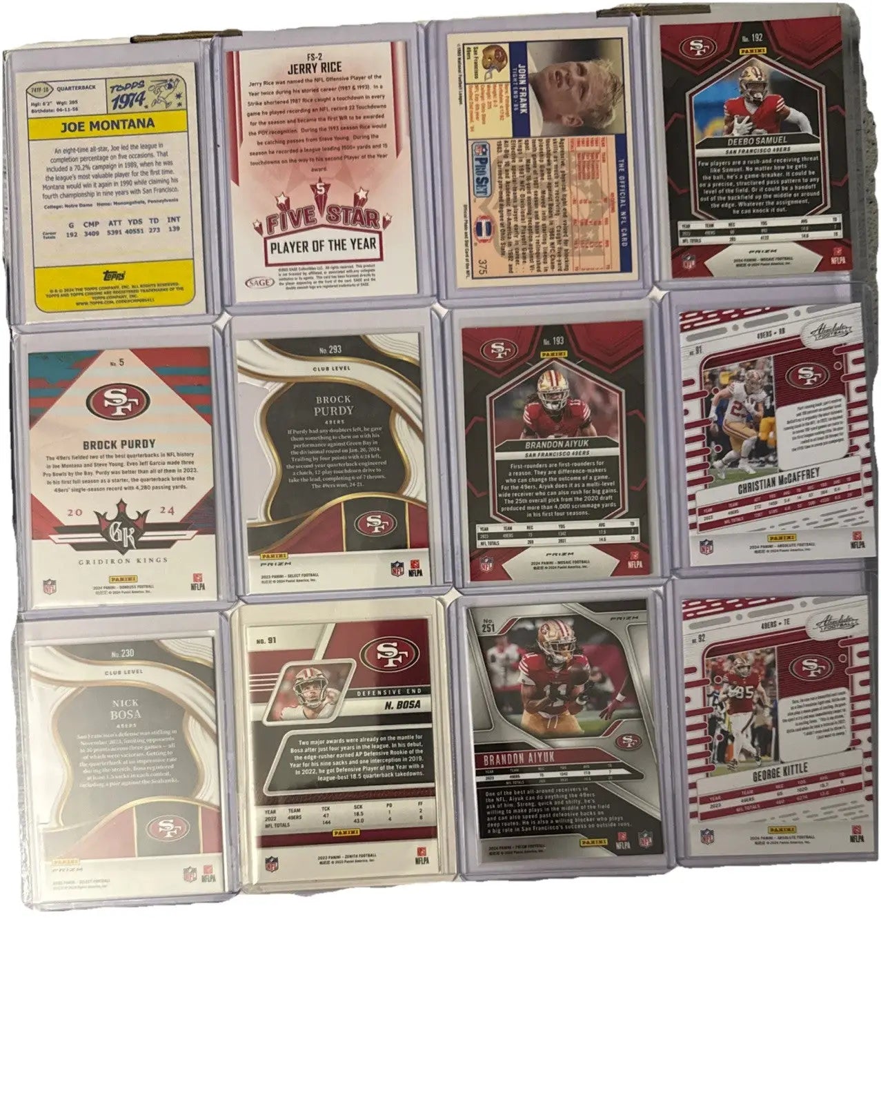 Collection of San Francisco football trading cards including Purdy Kittle Samuel Montana Aiyuk