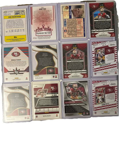 Collection of San Francisco football trading cards including Purdy Kittle Samuel Montana Aiyuk
