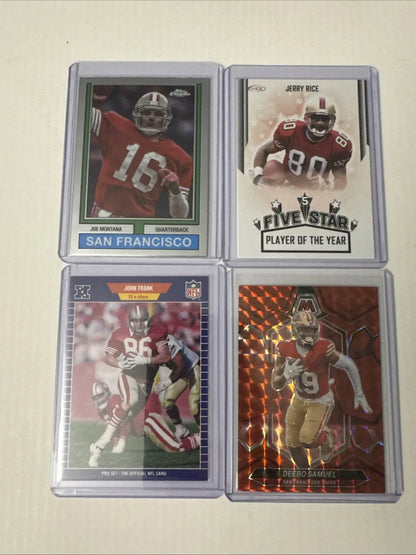 San Francisco football card lot featuring Purdy Kittle Samuel Montana Aiyuk in protective sleeves