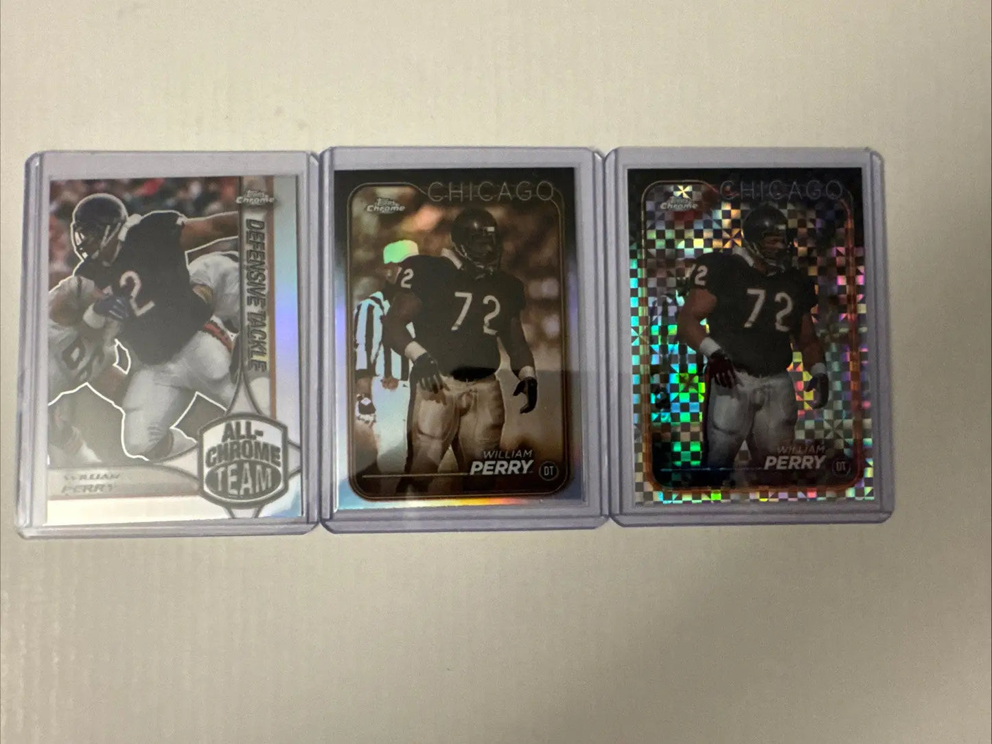 Three Chicago Bears football trading cards featuring William Perry Devin Hester and DJ Moore