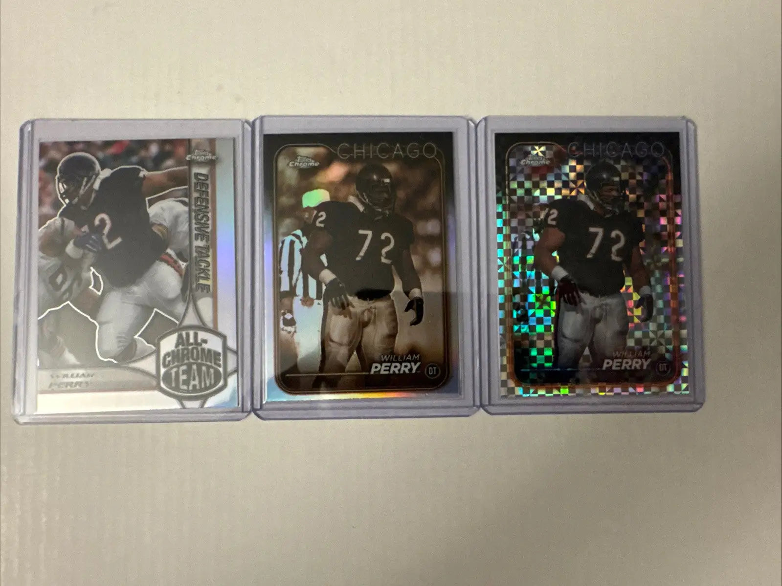 Three Chicago Bears football trading cards featuring William Perry Devin Hester and DJ Moore