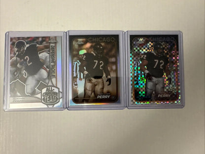Three Chicago Bears football trading cards featuring William Perry Devin Hester and DJ Moore