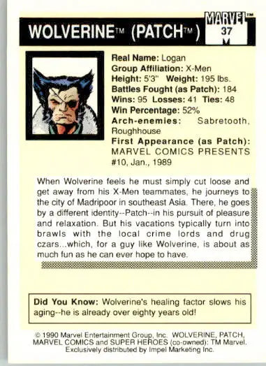Wolverine - 1990 Impel Marvel Universe - #37 - Non_sport - Non-Sports Card Single