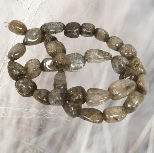 Polished Labradorite beads on 16in Ice Flake Quartz Grey Nuggets strand for jewelry making
