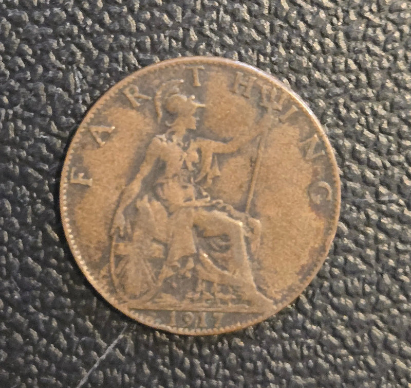 1917 Great Britain Farthing King George V Britannia World Coin SKU: b6 - Coins & Currency