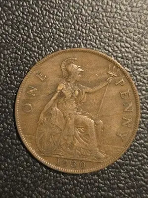 1930 England 1 Penny Bronze Coin - Very Good Condition - UK Rare!