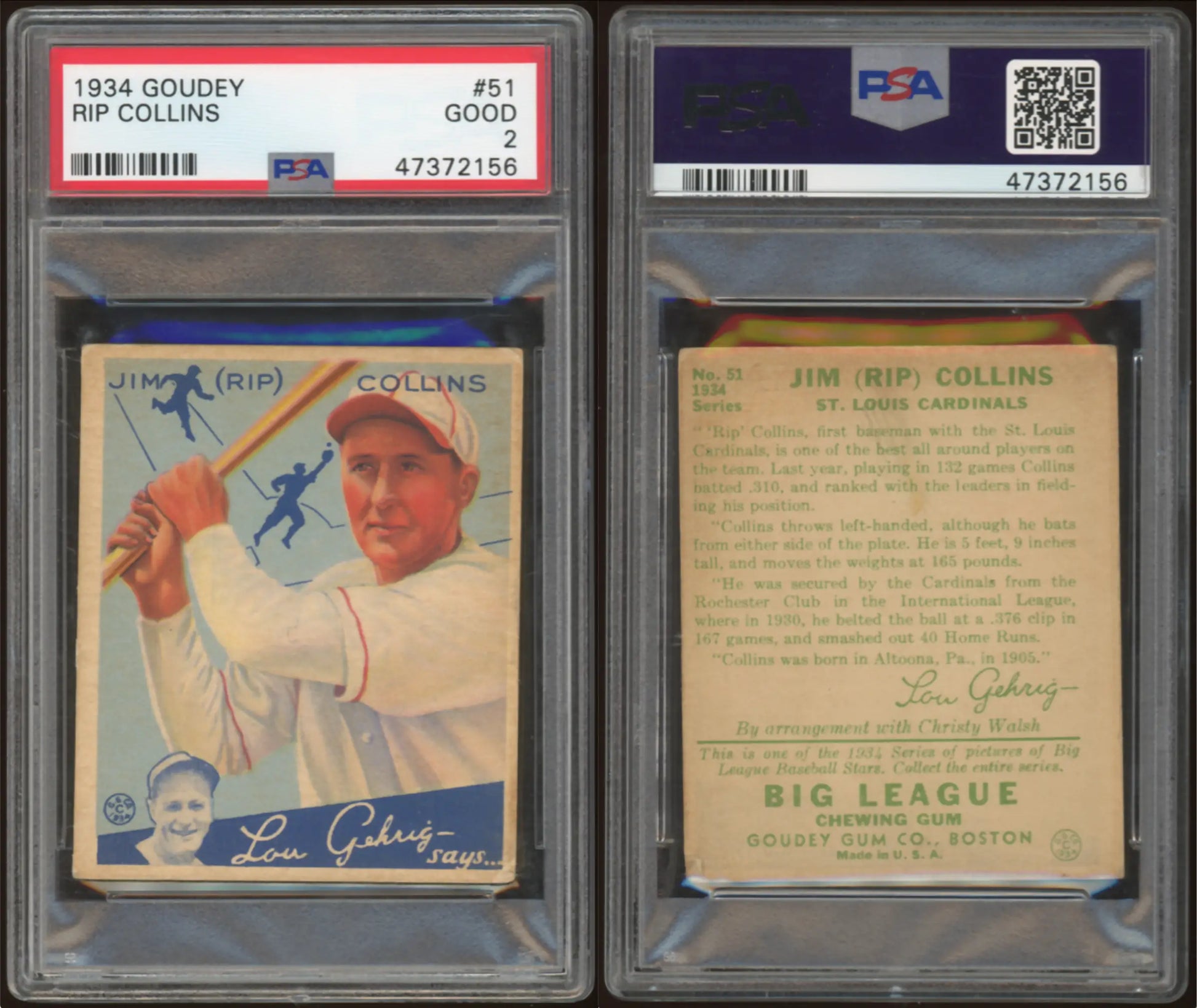 1934 Goudey #51 Rip Collins PSA 2 - Baseball Card Single