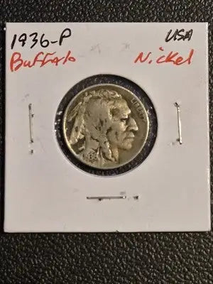 1936 Buffalo Nickel - Indian Head 5 Cent Coin - Full Date - Philadelphia Mint