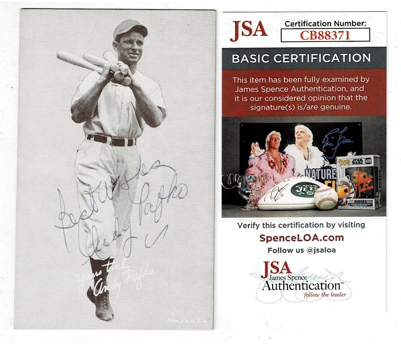 Autographed black and white photo of Andy Pafko with two bats on trading card