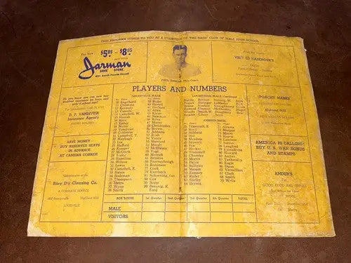 1942 Louisville Kentucky High School Football Program Male v Corbin Paul Jenkins - Sports Memorabilia