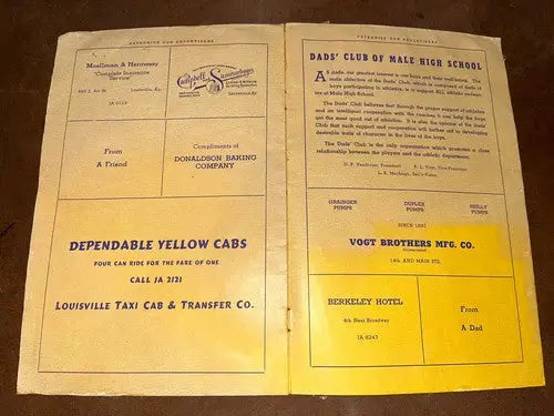 1942 Louisville Kentucky High School Football Program Male v Corbin Paul Jenkins - Sports Memorabilia