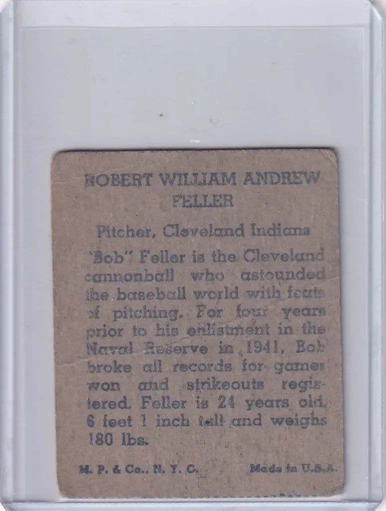 1943 R302-01 M.P. & Co Bob Feller Cleveland Indians - Baseball Card Single