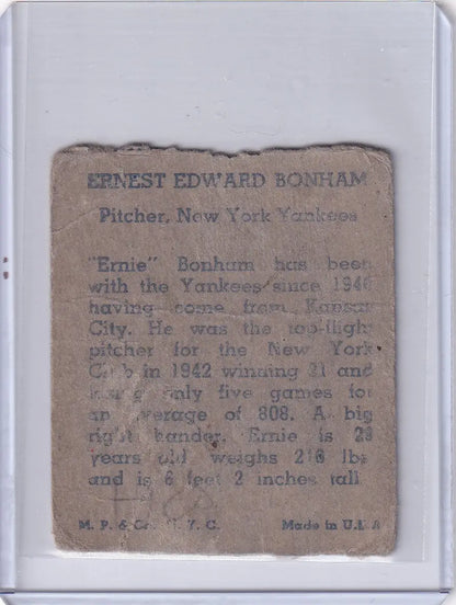 Vintage baseball card of Ernie Bonham from the 1943 R302-01 New York Yankees collection
