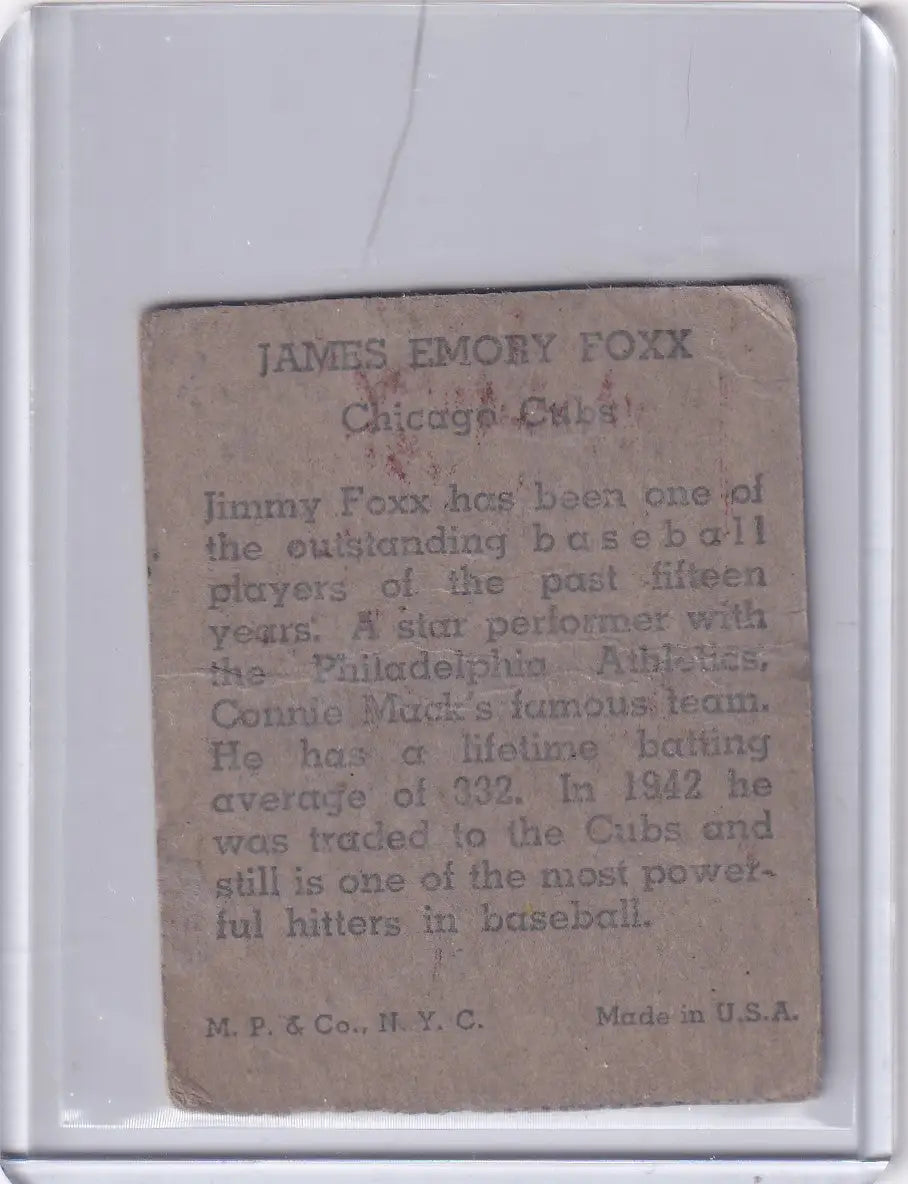Vintage baseball card of Jimmy Foxx featuring the Chicago Cubs, R302-01 edition