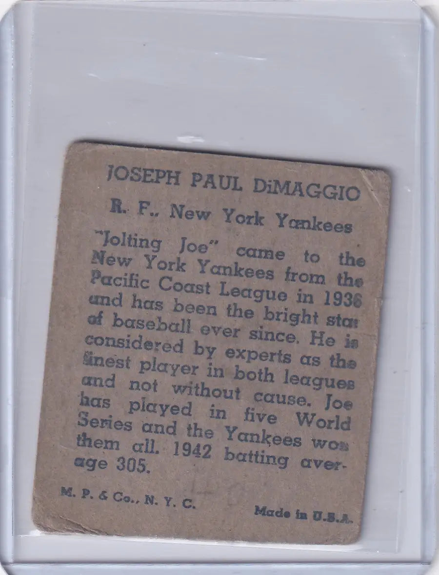 Vintage Joe Dimaggio baseball card from 1943 R302-01 for New York Yankees collectors