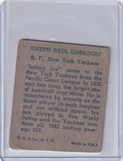 Vintage Joe Dimaggio baseball card from 1943 R302-01 for New York Yankees collectors