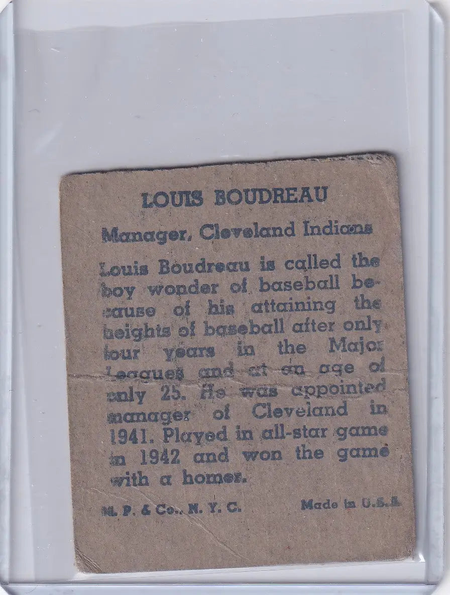 Vintage Lou Boudreau baseball card from 1943 R302-01 Cleveland Indians collection