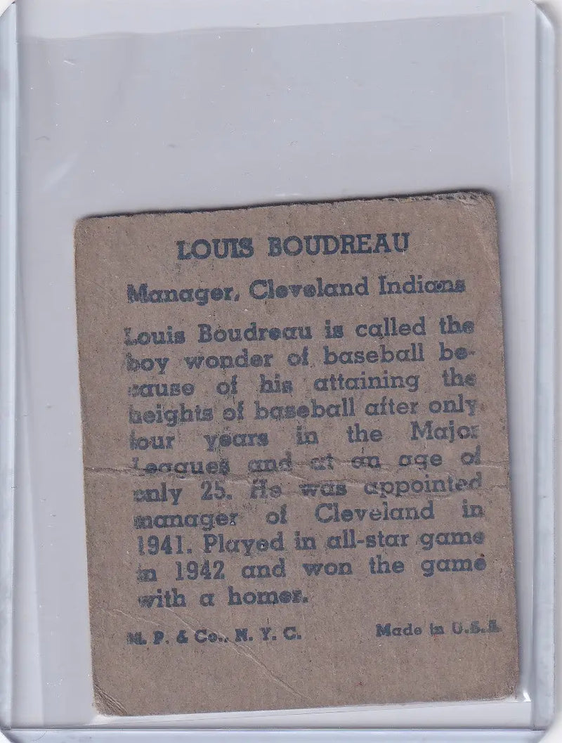 Vintage Lou Boudreau baseball card from 1943 R302-01 Cleveland Indians collection