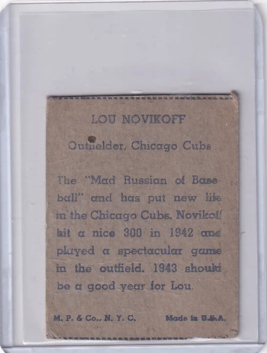 1943 R302-01 M.P. & Co Lou Novikoff - Chicago Cubs - Baseball Card Single