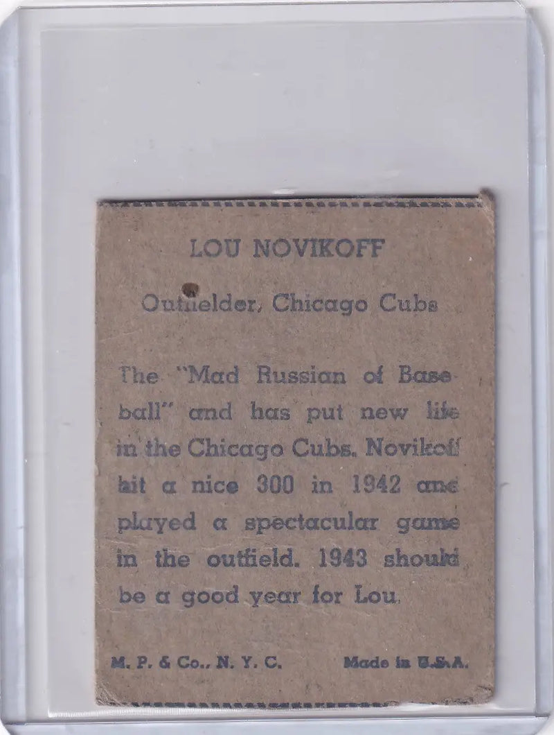 1943 R302-01 M.P. & Co Lou Novikoff - Chicago Cubs - Baseball Card Single