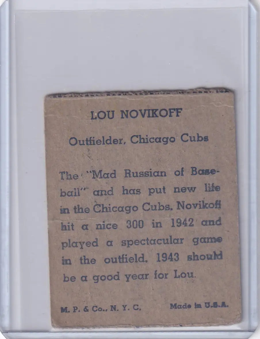 1943 R302-01 M.P. & Co Lou Novikoff - Chicago Cubs - Baseball Card Single