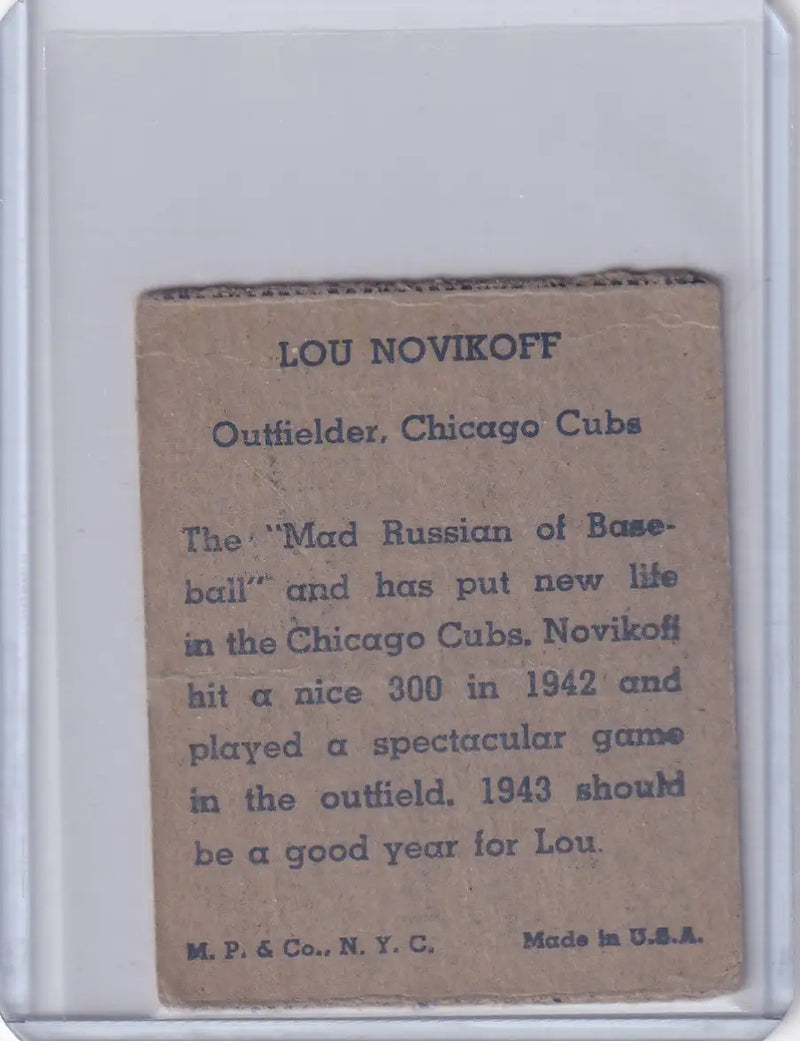 1943 R302-01 M.P. & Co Lou Novikoff - Chicago Cubs - Baseball Card Single