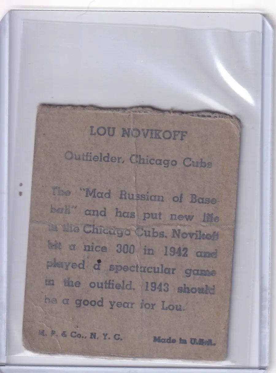 Vintage Lou Novikoff baseball card from 1943 R302-01 Chicago Cubs collection