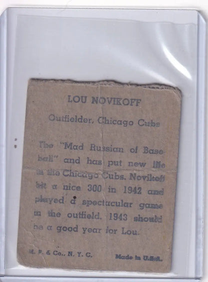 Vintage Lou Novikoff baseball card from 1943 R302-01 Chicago Cubs collection