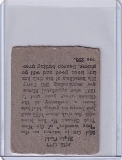 Baseball card featuring Mel Ott from the New York Giants R302-01 series with back text
