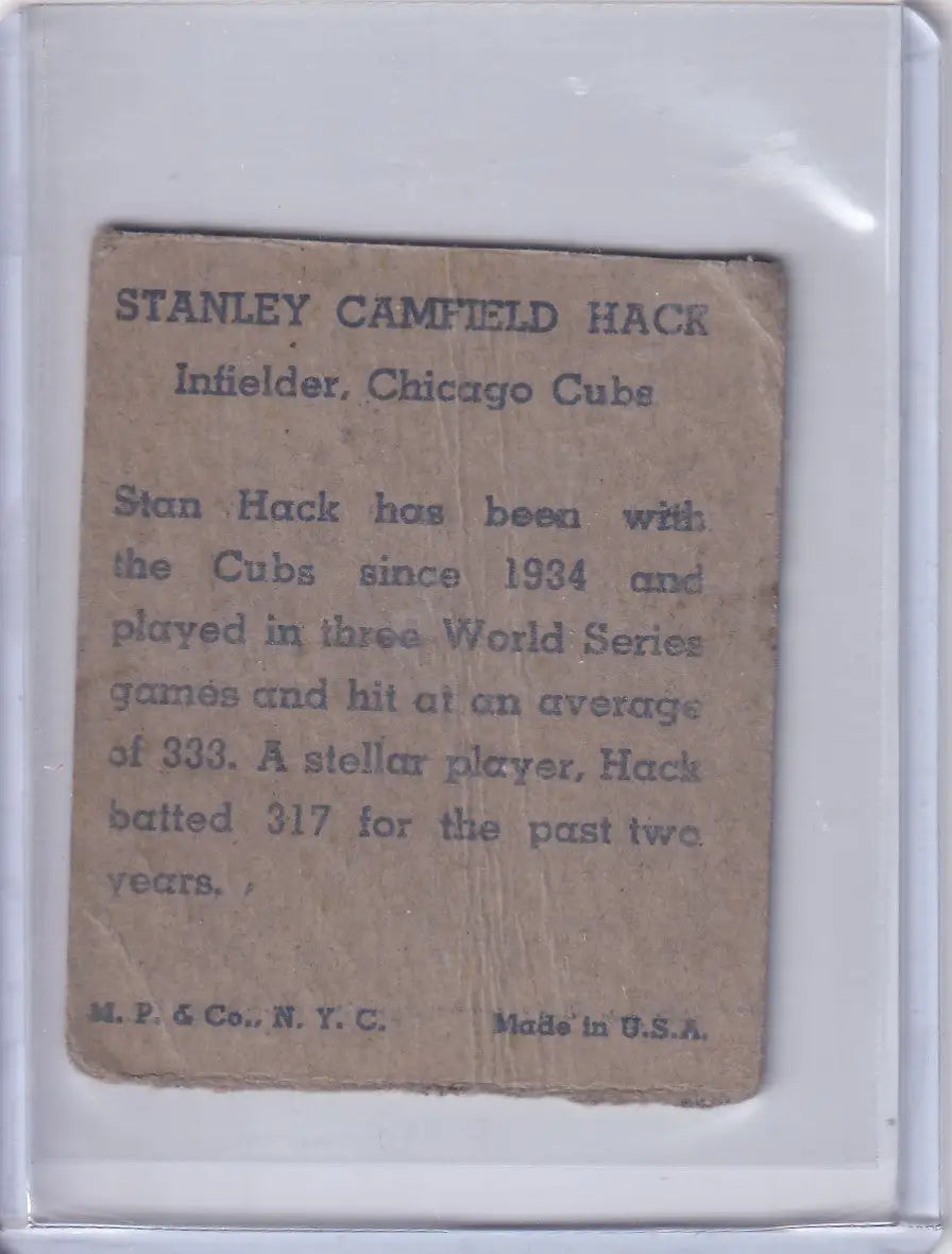 Vintage baseball card of Stan Hack from Chicago Cubs R302-01 series