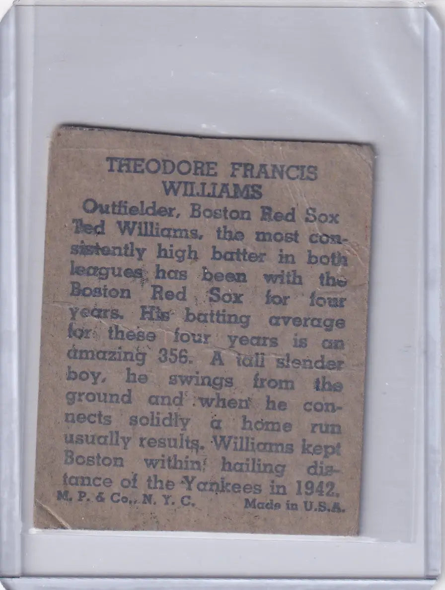 Collectible baseball card of Ted Williams from Boston Red Sox 1943 M.P. & Co set