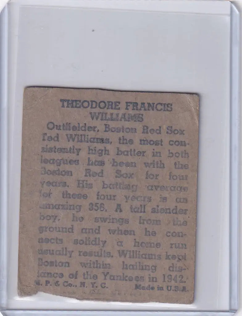 Vintage Ted Williams Boston Red Sox baseball card with biographical text