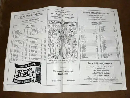 Vintage newspaper advertisement for 1944 Kentucky High School Football Program St. Xavier Manual Dewey