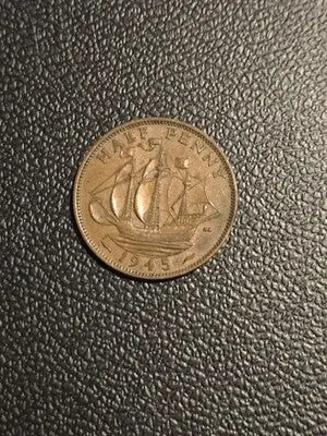 1945 England Half Penny Bronze Coin - Very Fine Uncertified Not Rated
