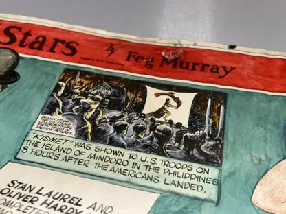 Vintage comic strip panel from FEG Murray art featuring Laurel Hardy and Errol Flynn
