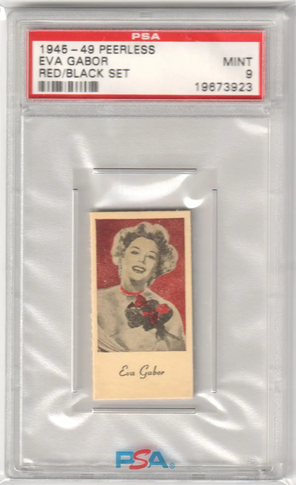 Graded Eva Gabor trading card from 1945 Peerless Scales Red Black Set PSA 9 Mint