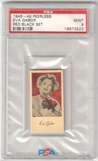 Graded Eva Gabor trading card from 1945 Peerless Scales Red Black Set PSA 9 Mint