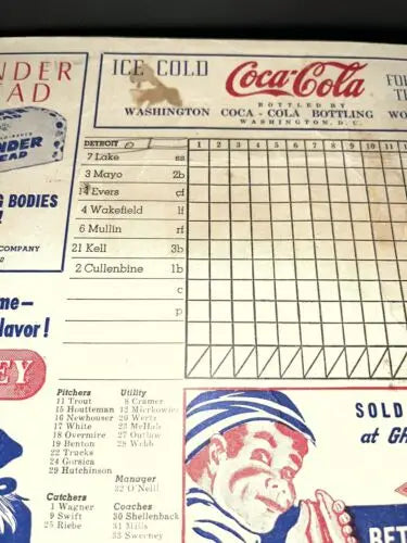 Vintage score card of the 1945 Washington Senators vs Detroit Tigers game