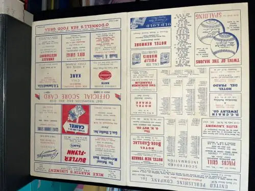 Vintage baseball score card from the 1945 Washington Senators vs Detroit Tigers game