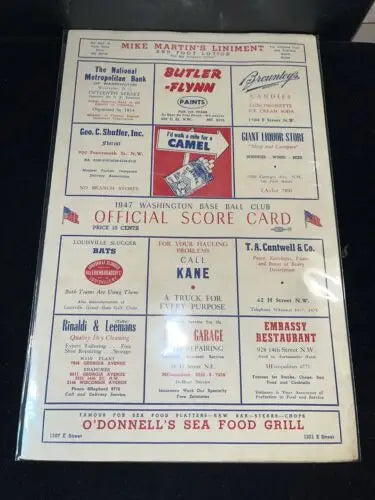 Vintage score card featuring the 1945 Washington Senators vs Detroit Tigers match