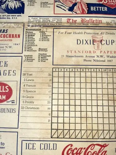 Vintage score card from the 1945 Washington Senators vs Detroit Tigers game