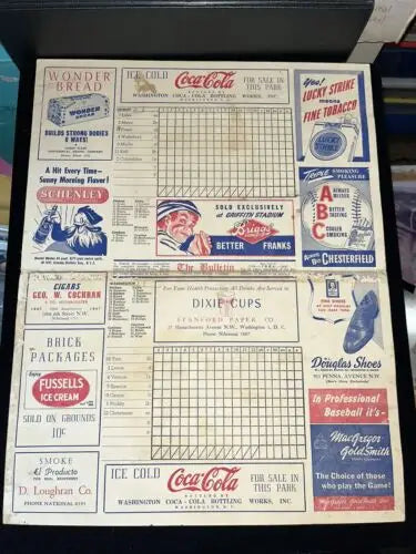 Vintage score card of 1945 Washington Senators vs Detroit Tigers with ads