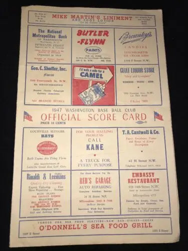 Vintage baseball scorecard for the 1947 Boston Red Sox vs Washington Senators matchup
