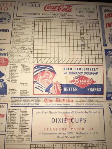 Vintage 1947 Boston Red Sox score card featuring Washington Senators game details