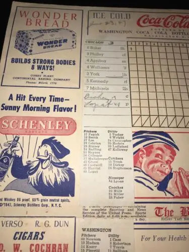 Vintage baseball scorecard featuring Chicago White Sox vs Washington Senators game