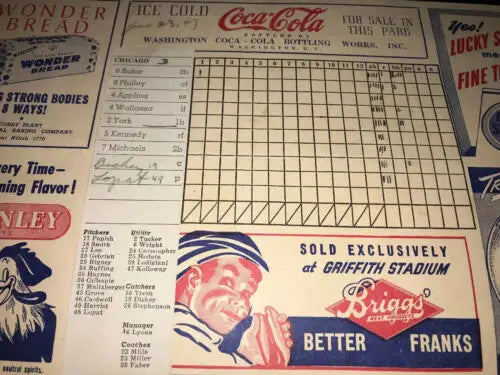 Vintage 1947 Chicago White Sox score card featuring Luke Appling and Washington Senators