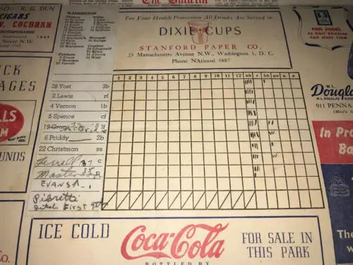 Vintage baseball scorecard featuring Chicago White Sox and Washington Senators
