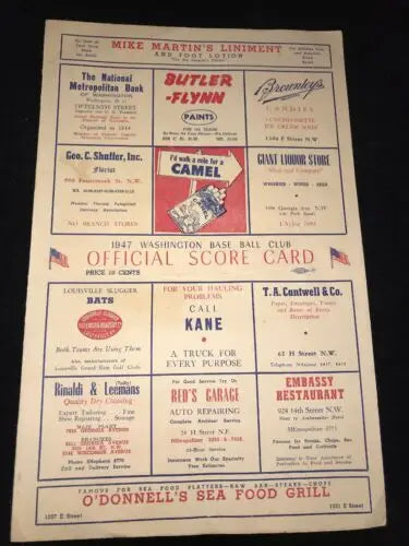Vintage 1947 score card featuring Chicago White Sox and Washington Senators game