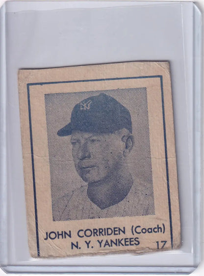 Vintage R346 Blue Tint baseball card of New York Yankees coach John Corriden