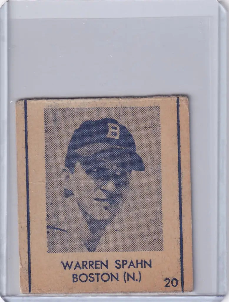 Vintage 1948 R346 Blue Tint card of Warren Spahn Boston Braves player with B cap